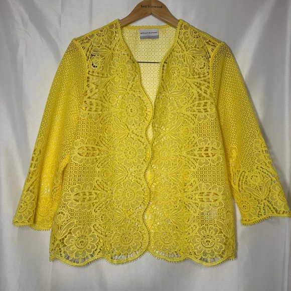 Alfred Dunner Sweaters - Alfred Dunner Floral Guipure Lace Open Front Cardigan Yellow 3/4 Sleeve